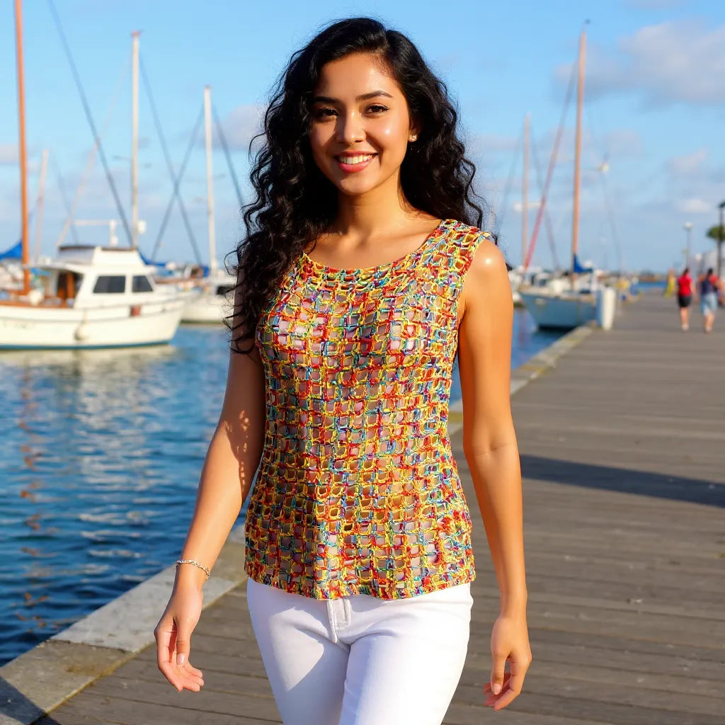Haut au crochet Illusion de Cachalabibi - porté sur le quai d'une marina par une jeune femme avec pantalon blanc