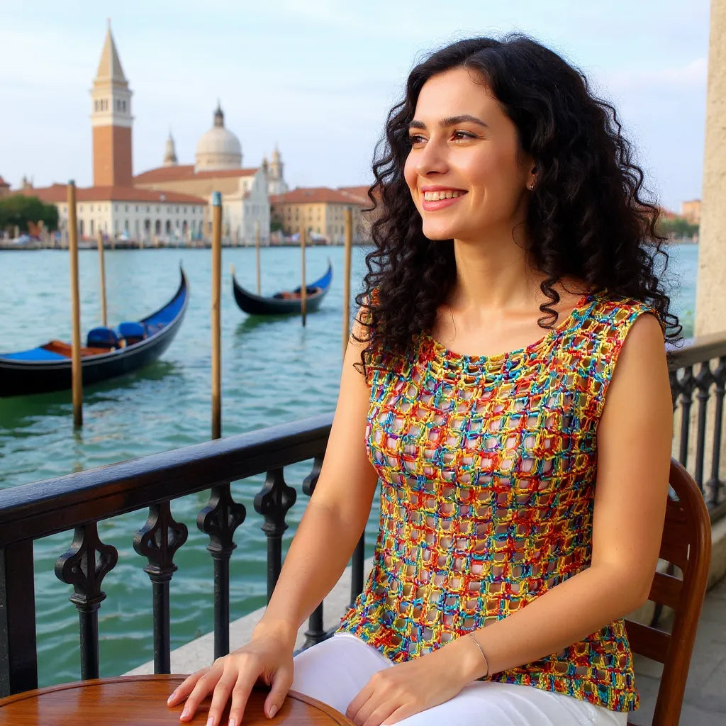 Haut au crochet Illusion de Cachalabibi - porté à une terrasse devant le Grand canal de Venise par une jeune femme brune