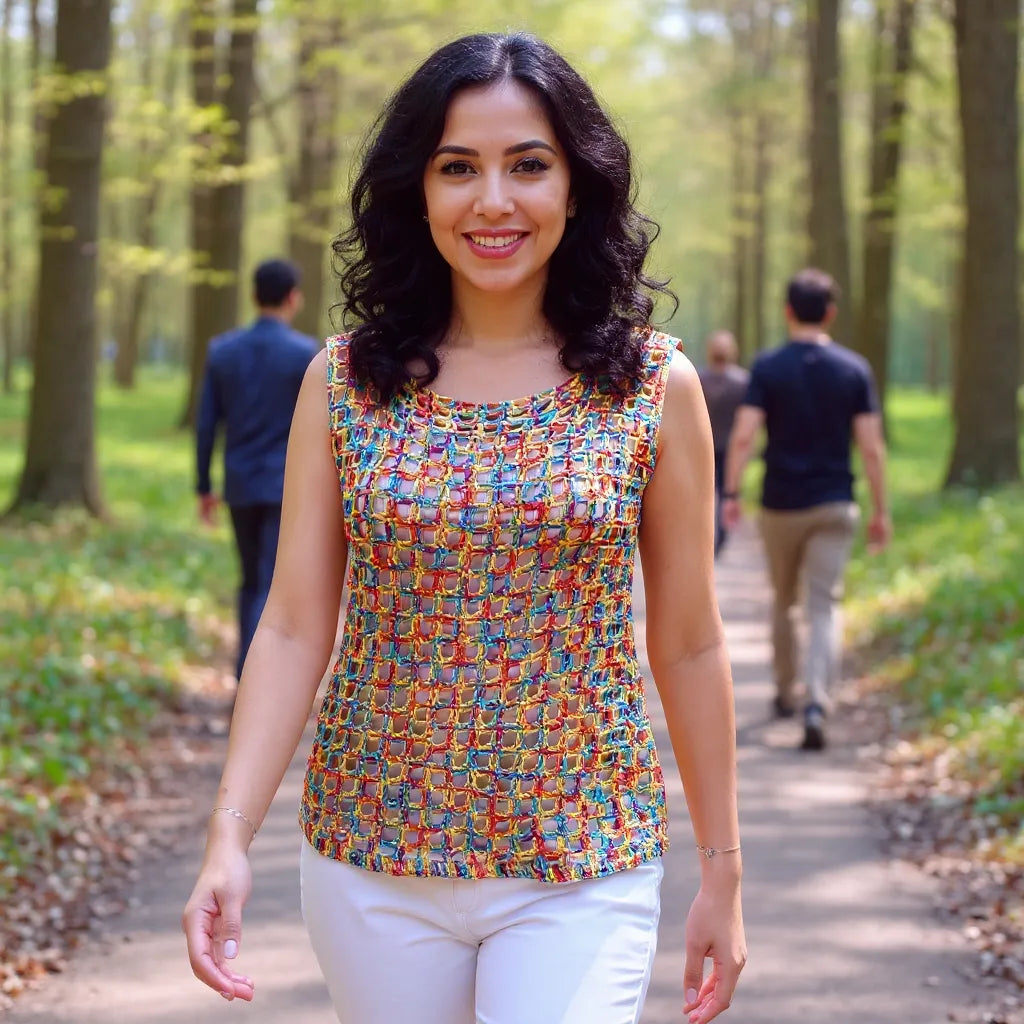 Haut au crochet Illusion de Cachalabibi - porté en pleine nature sur un chemin forestier par une jeune femme en pantalon blanc