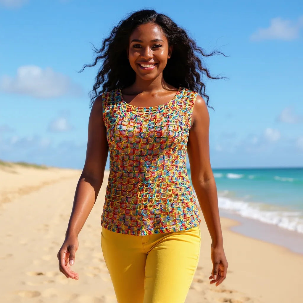 Haut au crochet Illusion de Cachalabibi - vue de face d'une jeune femme avec un pantalon jaune sur une plage déserte