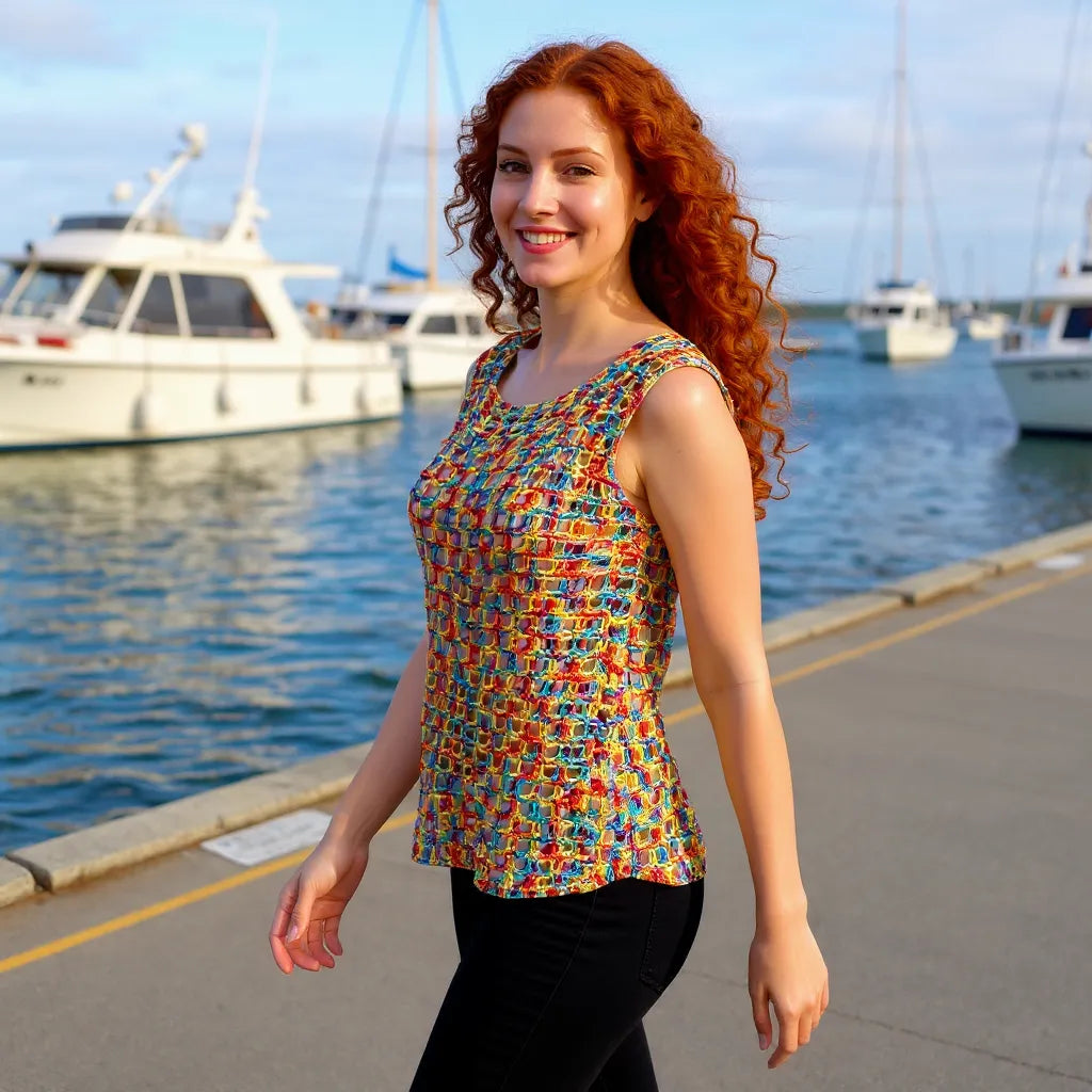 Haut au crochet Illusion de Cachalabibi - vue de côté à la marina d'une jeune femme en pantalon noir