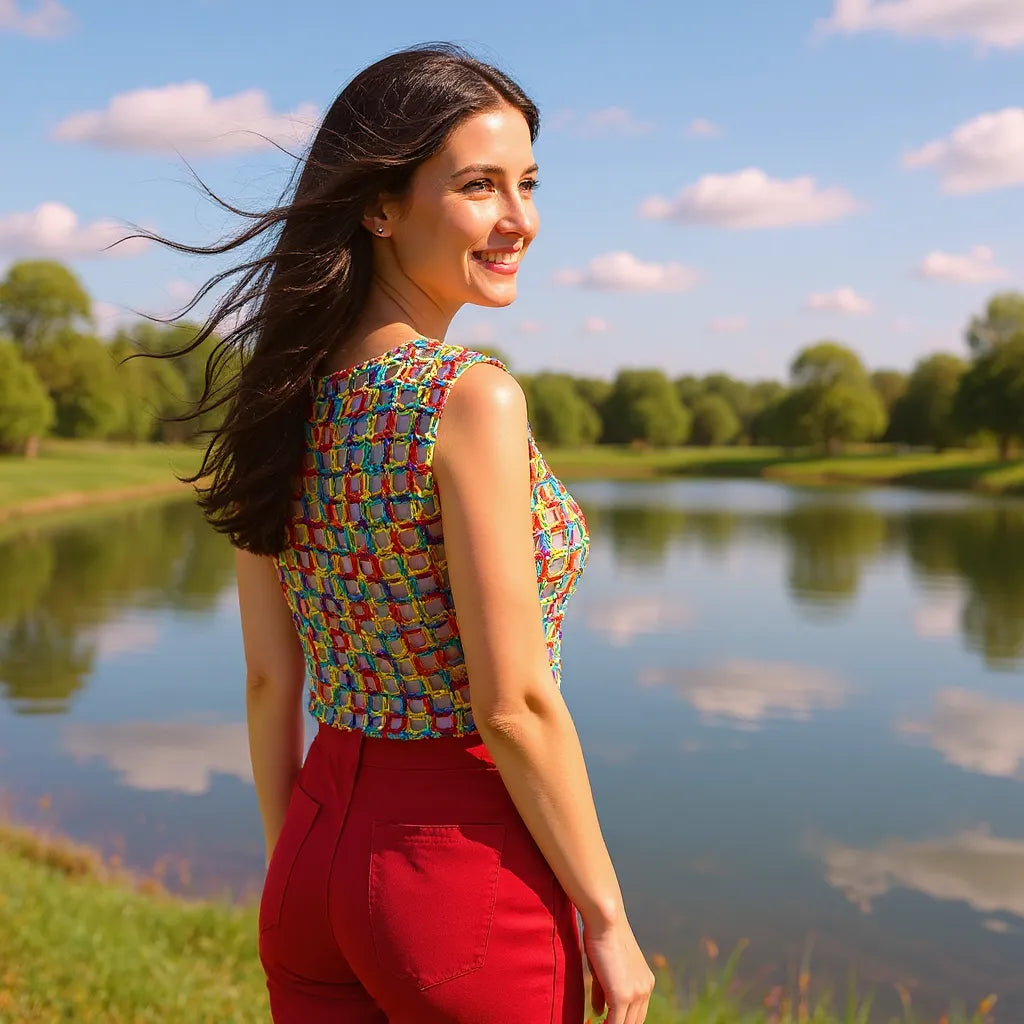 Haut au crochet Illusion de Cachalabibi - porté au bord d'un étang sous un beau ciel bleu par une femme avec un pantalon rouge