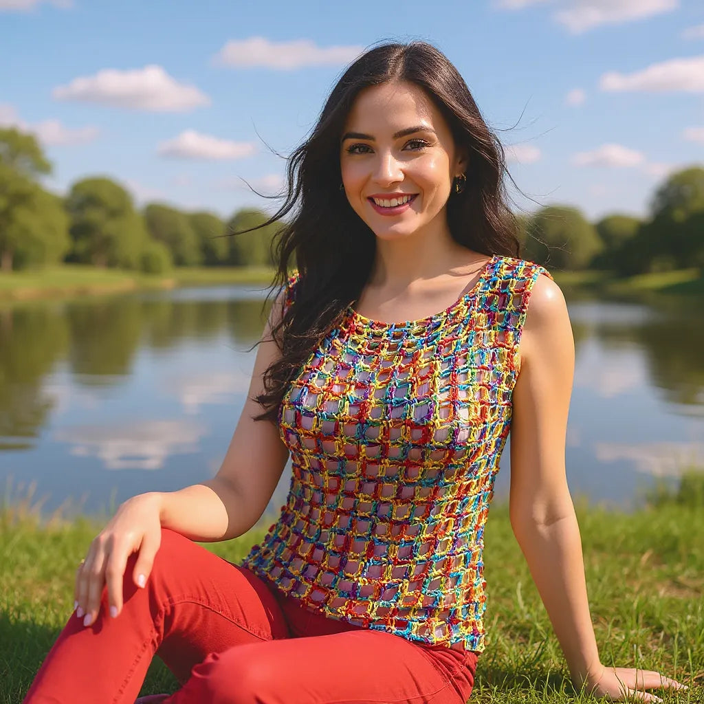Haut au crochet Illusion de Cachalabibi - porté au bord d'un étang en pleine nature par une jeune femme en pantalon rouge