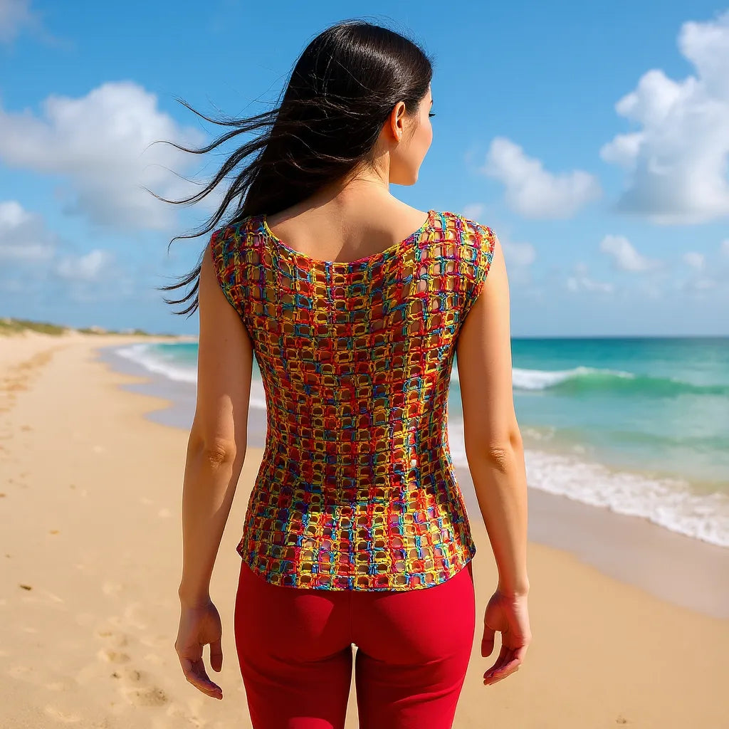 Haut au crochet Illusion de Cachalabibi - vue de dos d'une jeune femme avec un pantalon rouge sur une plage déserte