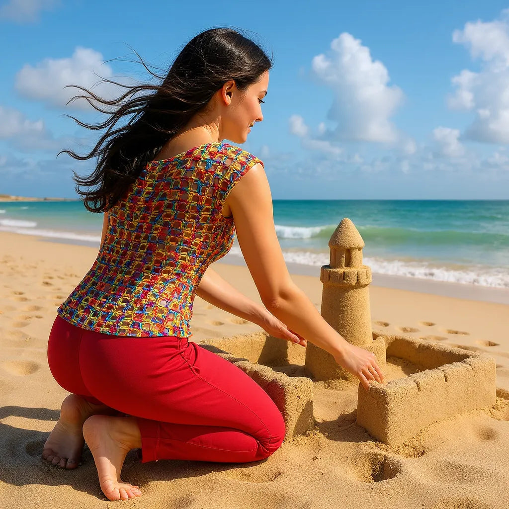 Haut au crochet Illusion de Cachalabibi - vue de dos d'une jeune femme en pantalon rouge à la plage faisant un château de sable