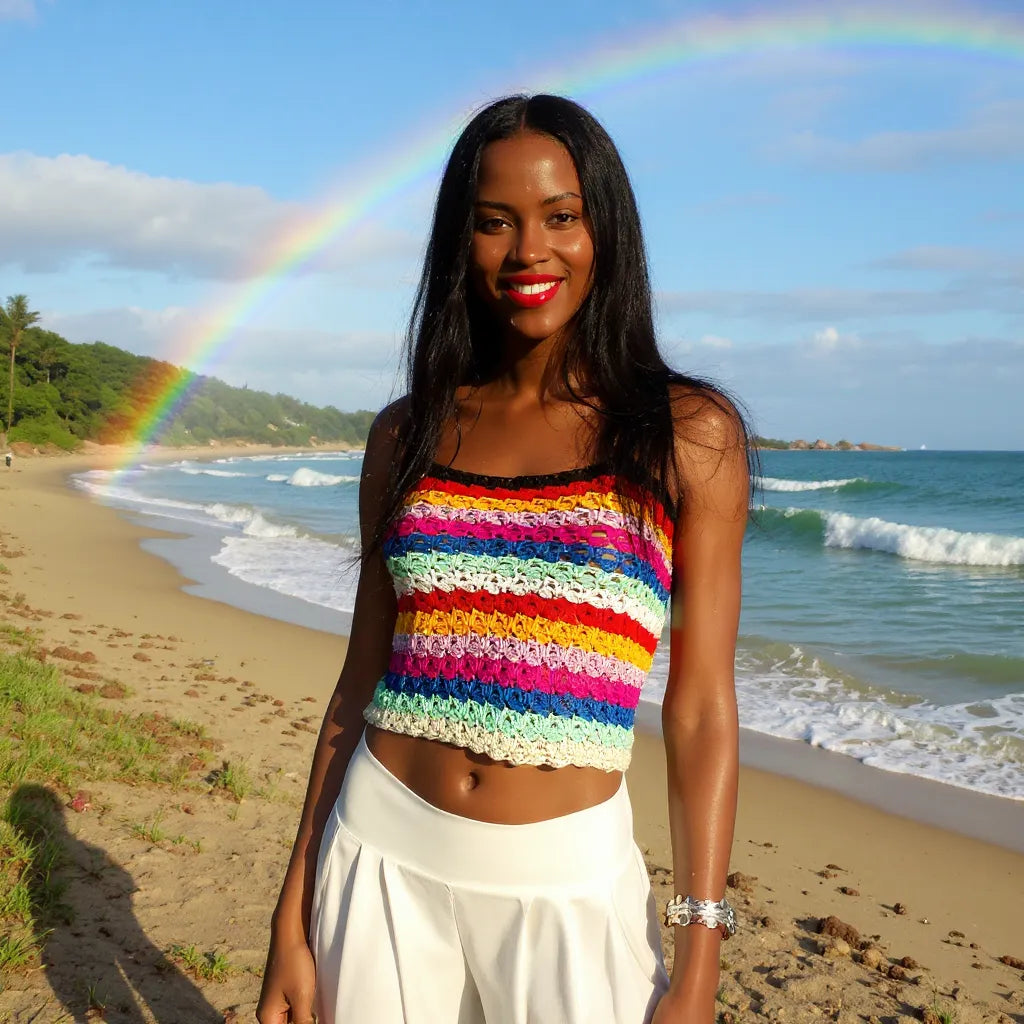 Haut au crochet Labegitou de Cachalabibi - Vue de face d'une jeune femme sur une plage avec arc-en-ciel en fond