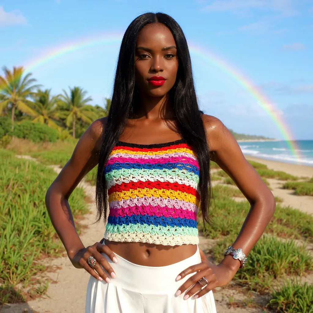 Haut au crochet Labegitou de Cachalabibi - Vue de face d'une jeune femme avec un bel arc-en-ciel