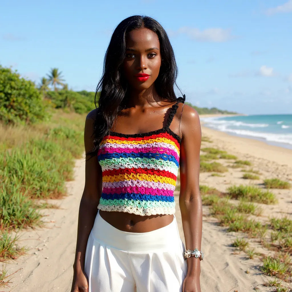 Haut au crochet Labegitou de Cachalabibi - Vue de face d'une jeune femme sur un chemin longeant la plage