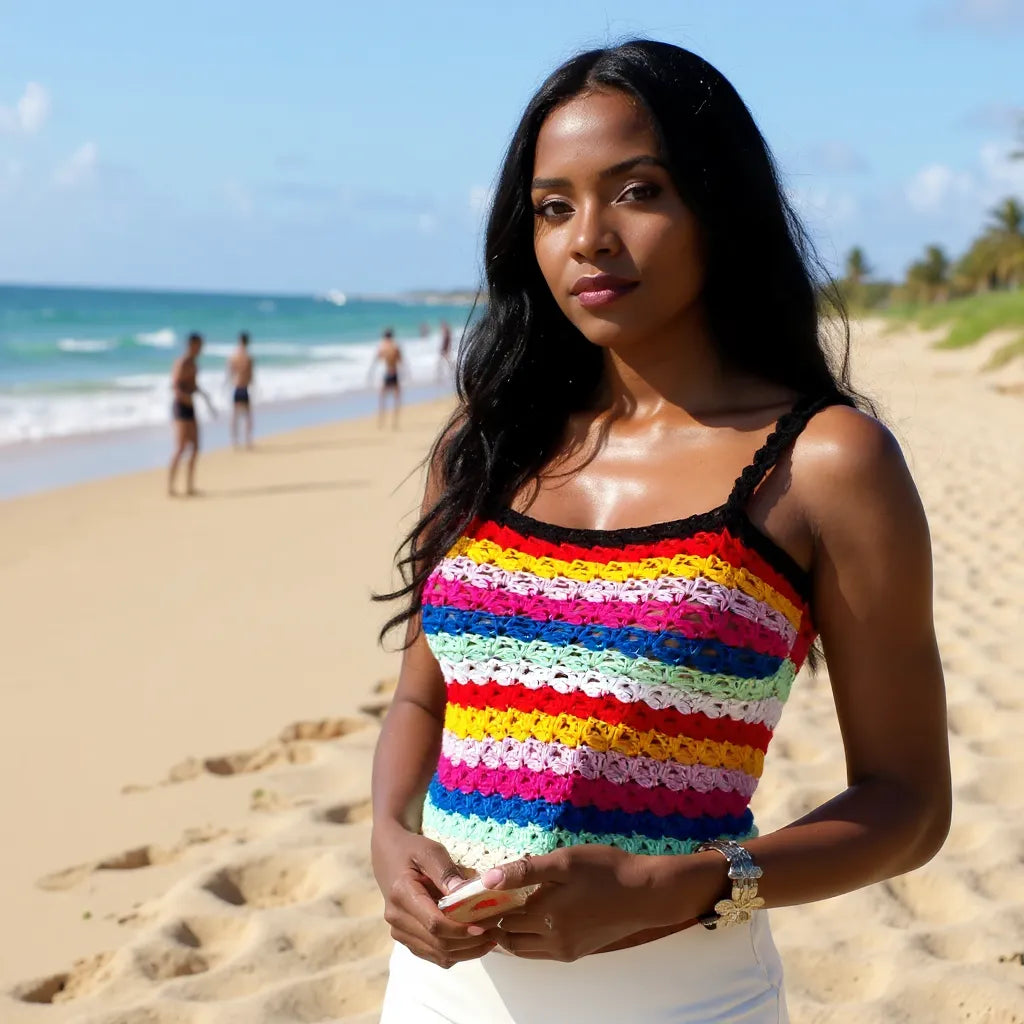 Haut au crochet Labegitou de Cachalabibi - Vue de face d'une jeune femme brune debout  sur la plage