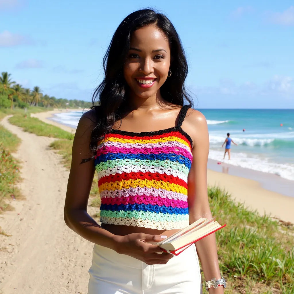 Haut au crochet Labegitou de Cachalabibi - vue de face d'une jeune femme qui tient un carnet devant l'océan