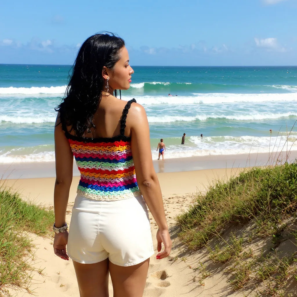 Haut au crochet Labegitou de Cachalabibi - Vue de dos d'une jeune femme brune en short blanc sur la plage