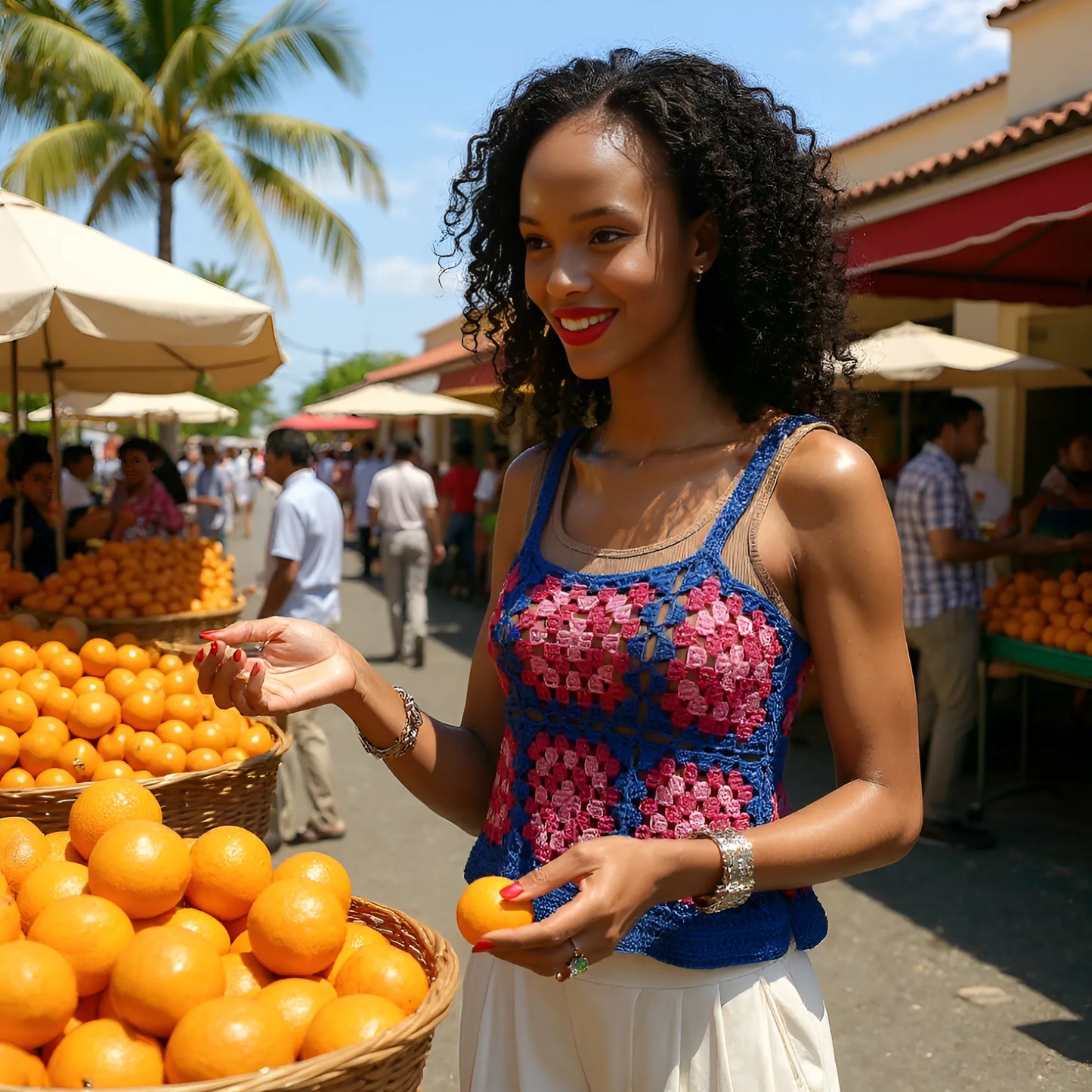 Haut au crochet Lutetia de Cachalabibi -  vue de face d'une femme achetant des oranges dans un marché