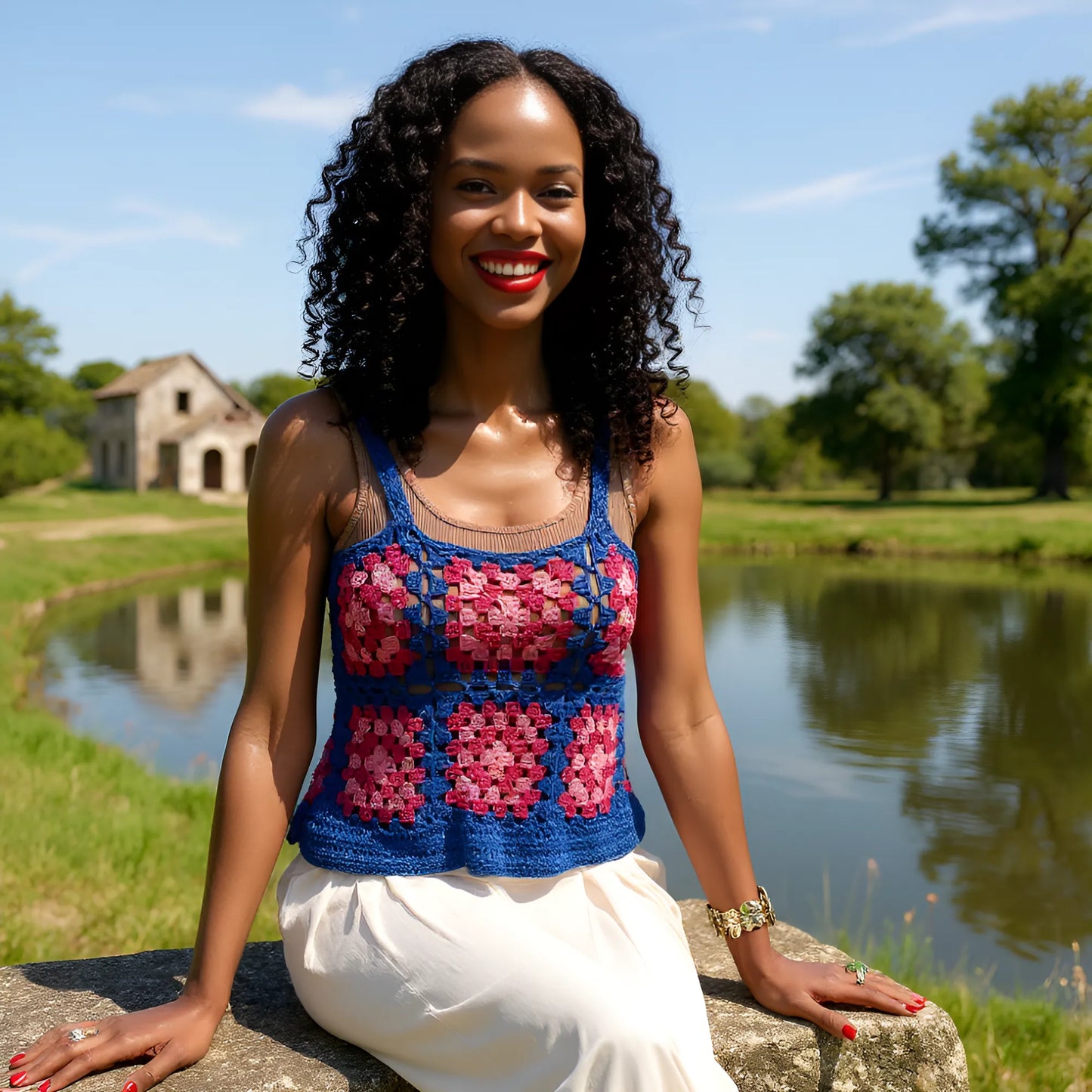 Haut au crochet Lutetia de Cachalabibi -  vue de face d'une femme assise sur une pierre devant un étang