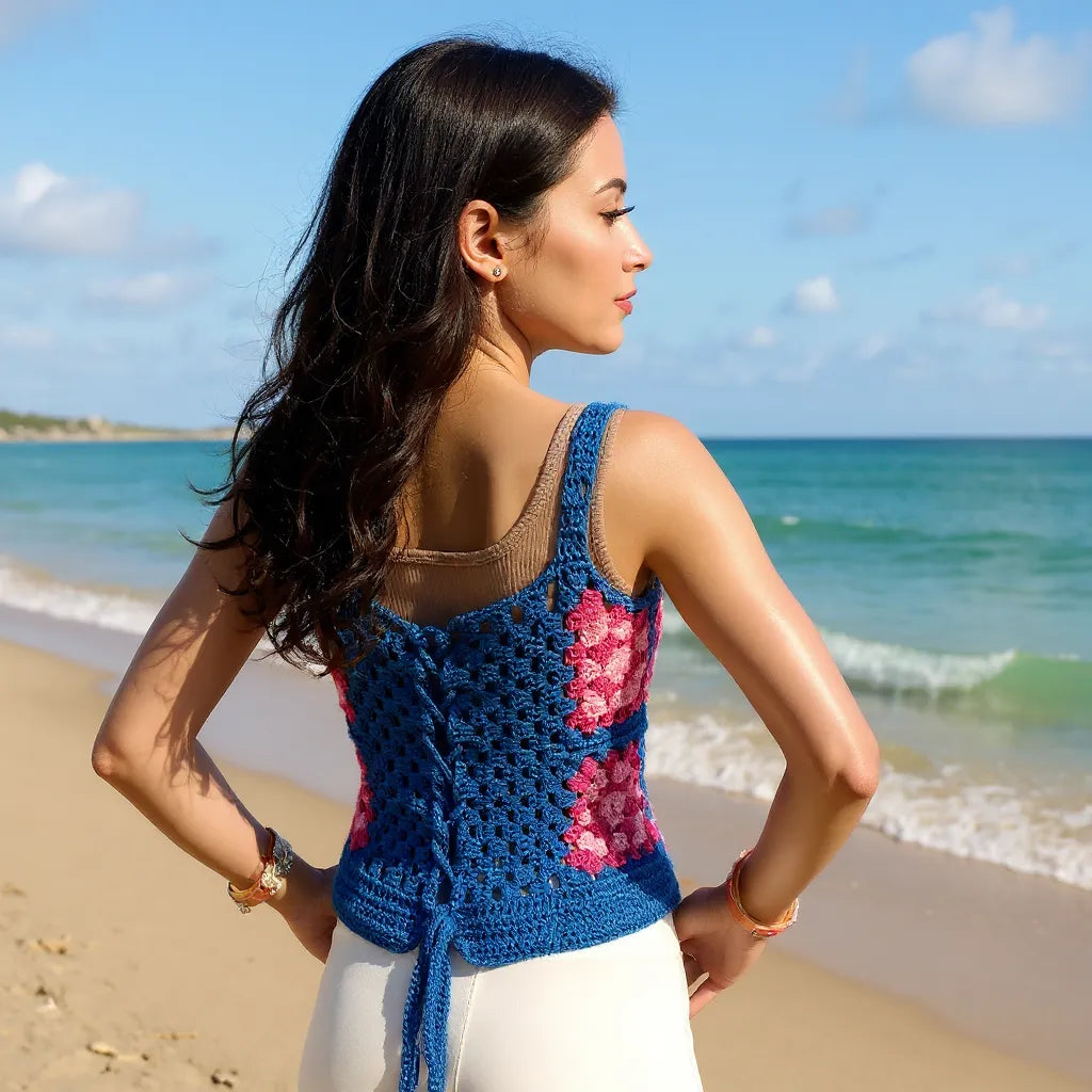 Haut au crochet Lutetia de Cachalabibi - vue de dos d'une jeune femme contemplant l'océan turquoise