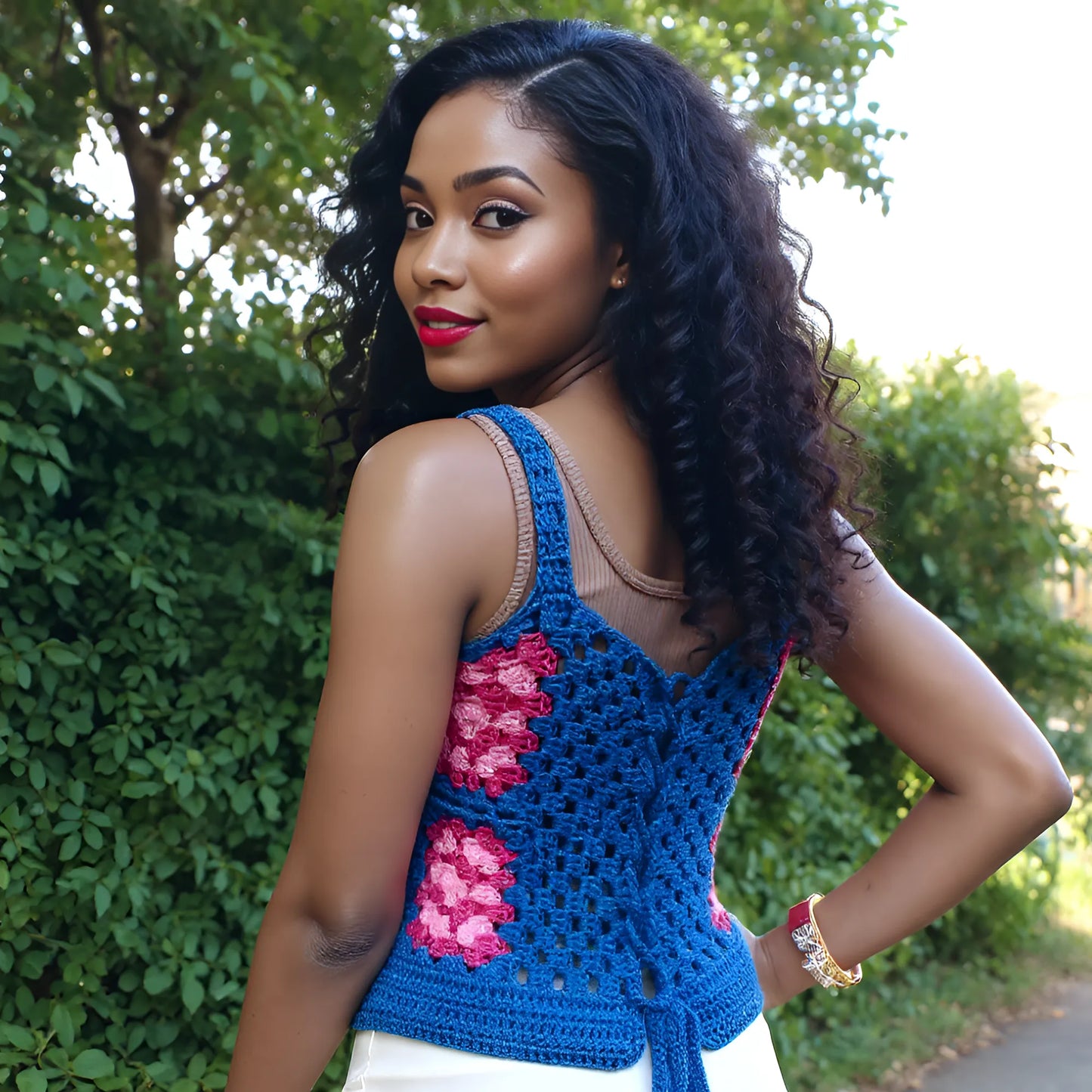 Haut au crochet Lutetia de Cachalabibi -  Vue de dos montrant le détail du laçage 