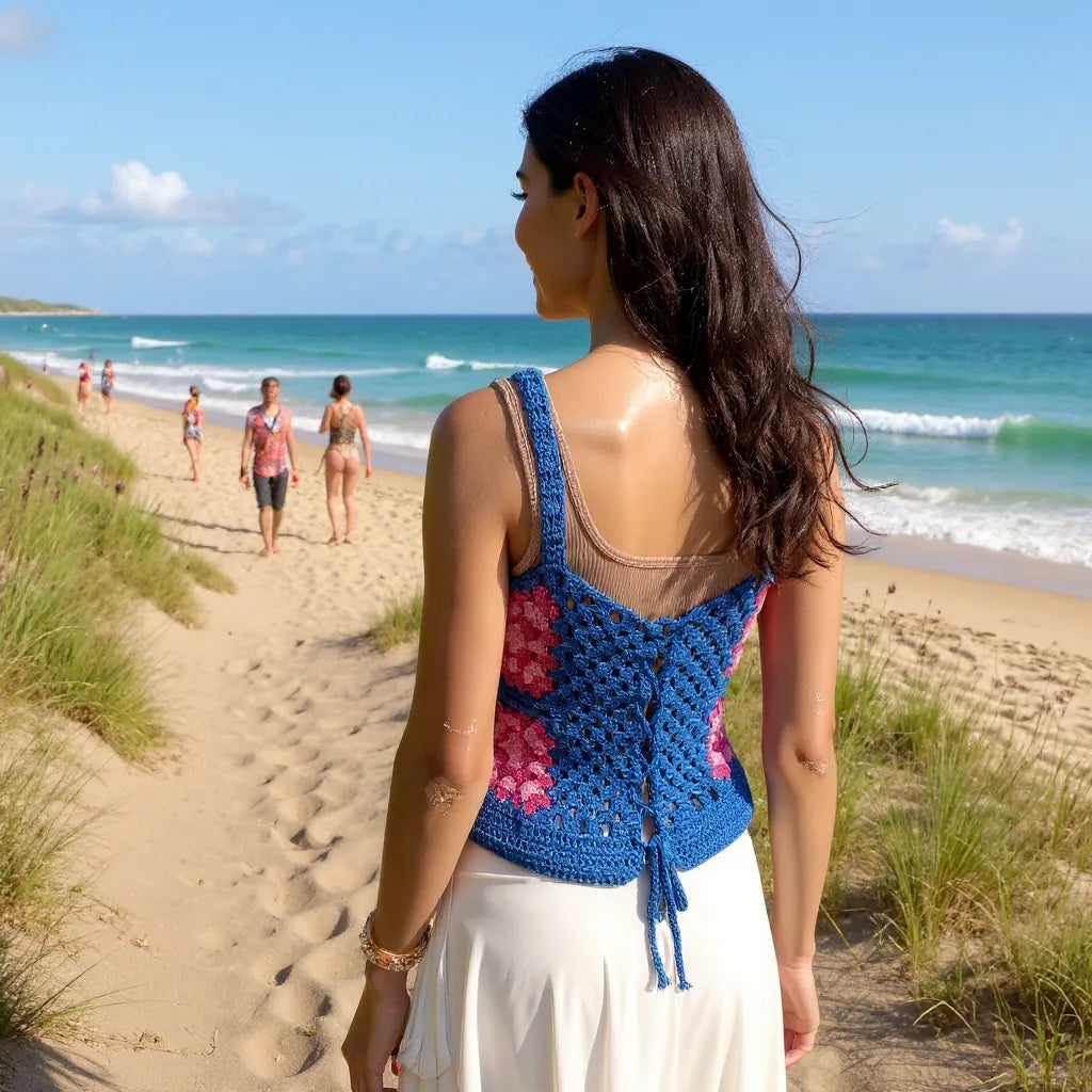 Haut au crochet Lutetia de Cachalabibi -  Vue de dos avec laçage dans le dos d'une femme en bord de mer