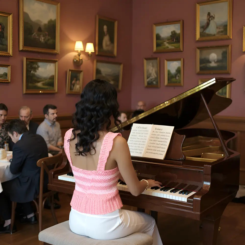 Haut au crochet Marshmallow de Cachalabibi - vu de dos d' une femme qui joue du piano devant des gens attablés
