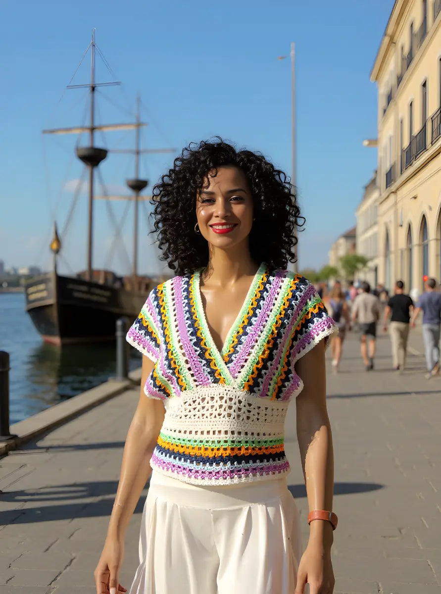 Haut au crochet Mayabella de Cachalabibi  - vue de face d'une jeune femme se promenant sur un quai