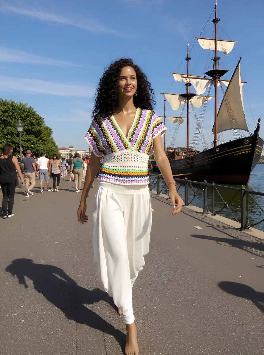 Haut au crochet Mayabella de Cachalabibi - détail des rayures multicolores sur une femme marchant près d'un vieux gréement