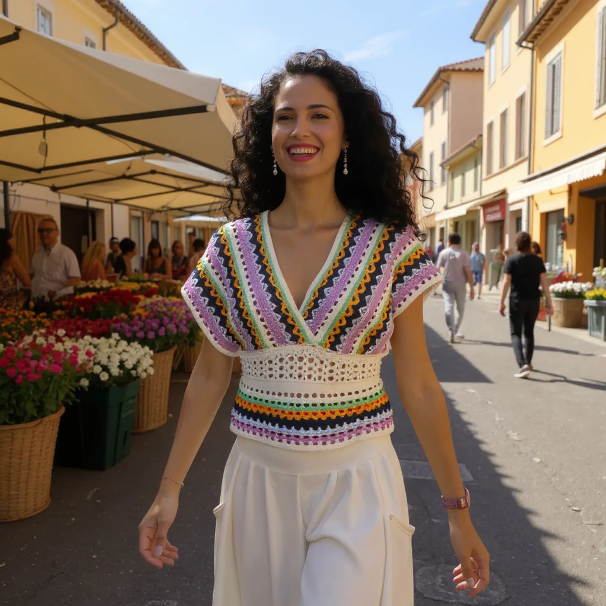 Haut au crochet Mayabella de Cachalabibi - vue de face d'une jeune femme brune dans un marché aux fleurs
