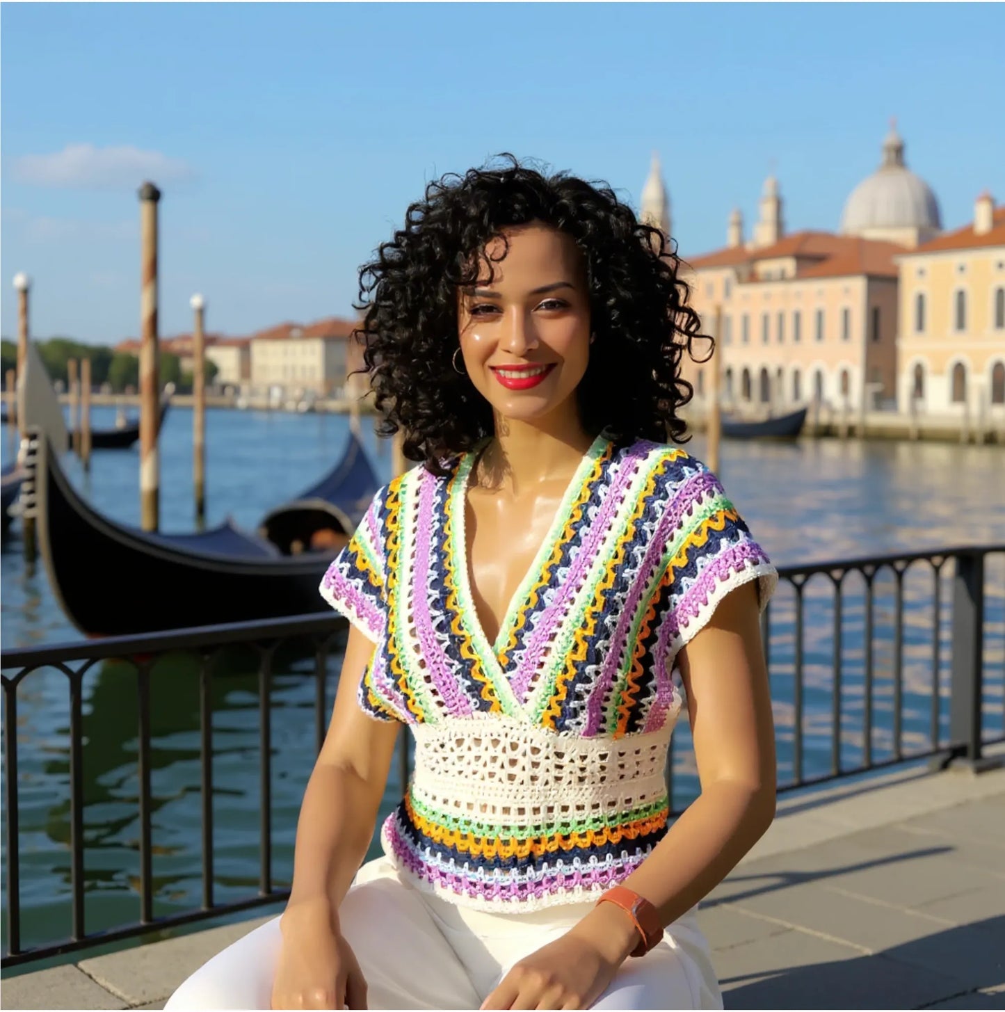 Haut au crochet Mayabella de Cachalabibi - vue de face d'une femme assise devant le Grand Canal de Venise