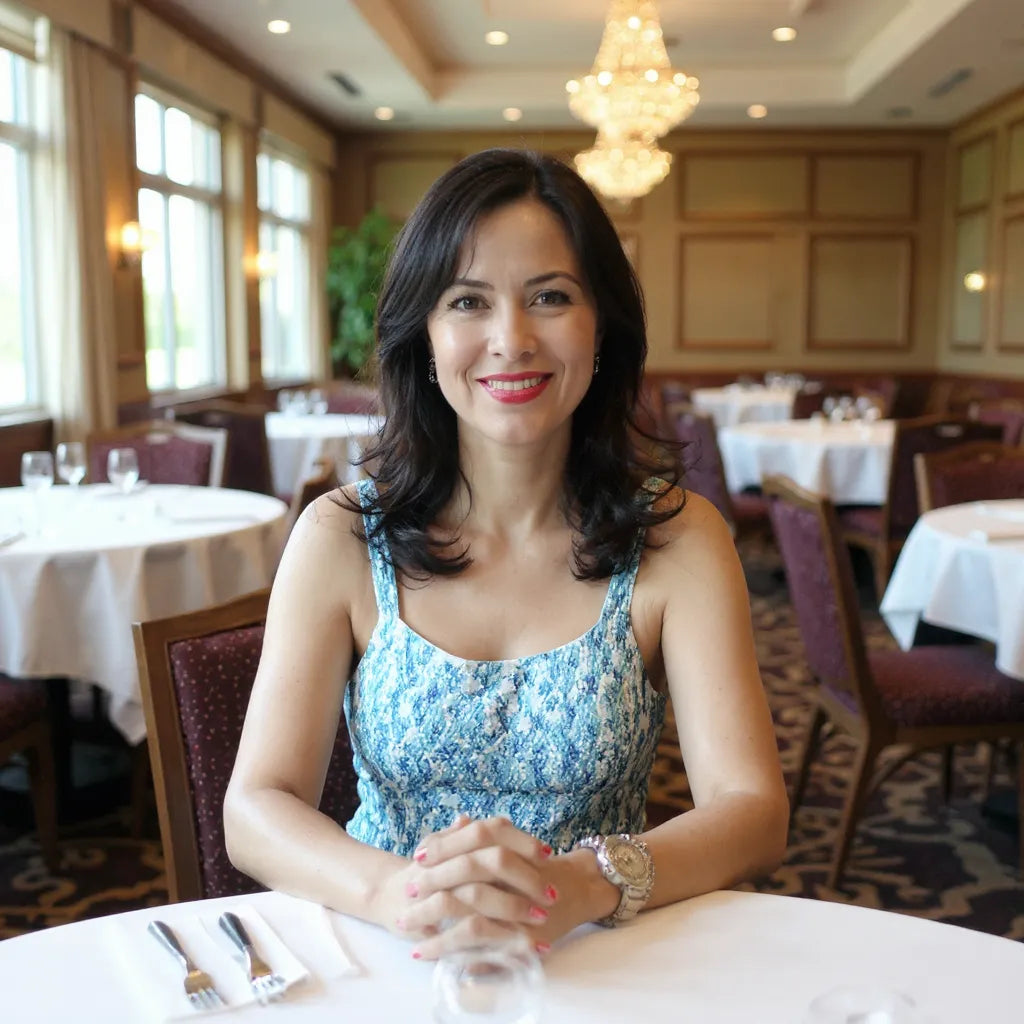 Haut au crochet Mosca de Cachalabibi - vue de face d'une femme assise à la table d'un restaurant