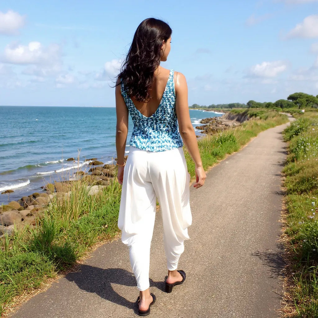 Haut au crochet Mosca de Cachalabibi -vue de dos d'une femme avec un pantalon blanc sur un chemin qui longe la mer