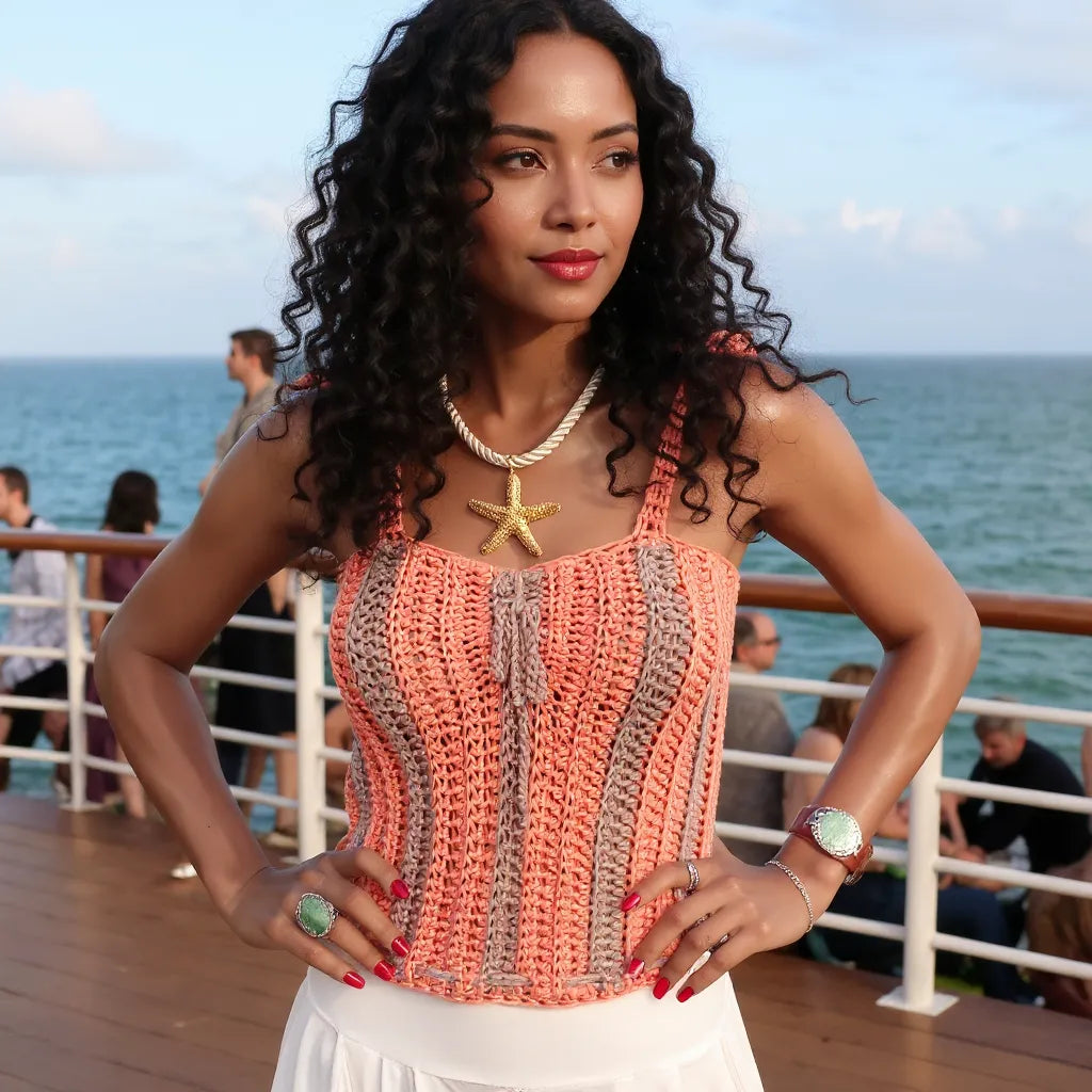 Haut au crochet Nakura de Cachalabibi - Vue de face d'une jeune femme sur une terrasse extérieure donnant sur la mer