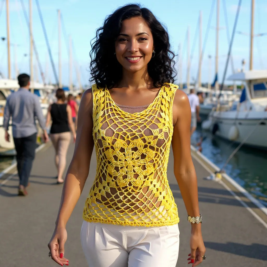 Haut au crochet Narcisola de Cachalabibi - vue de face d'une jeune femme sur un ponton de marina