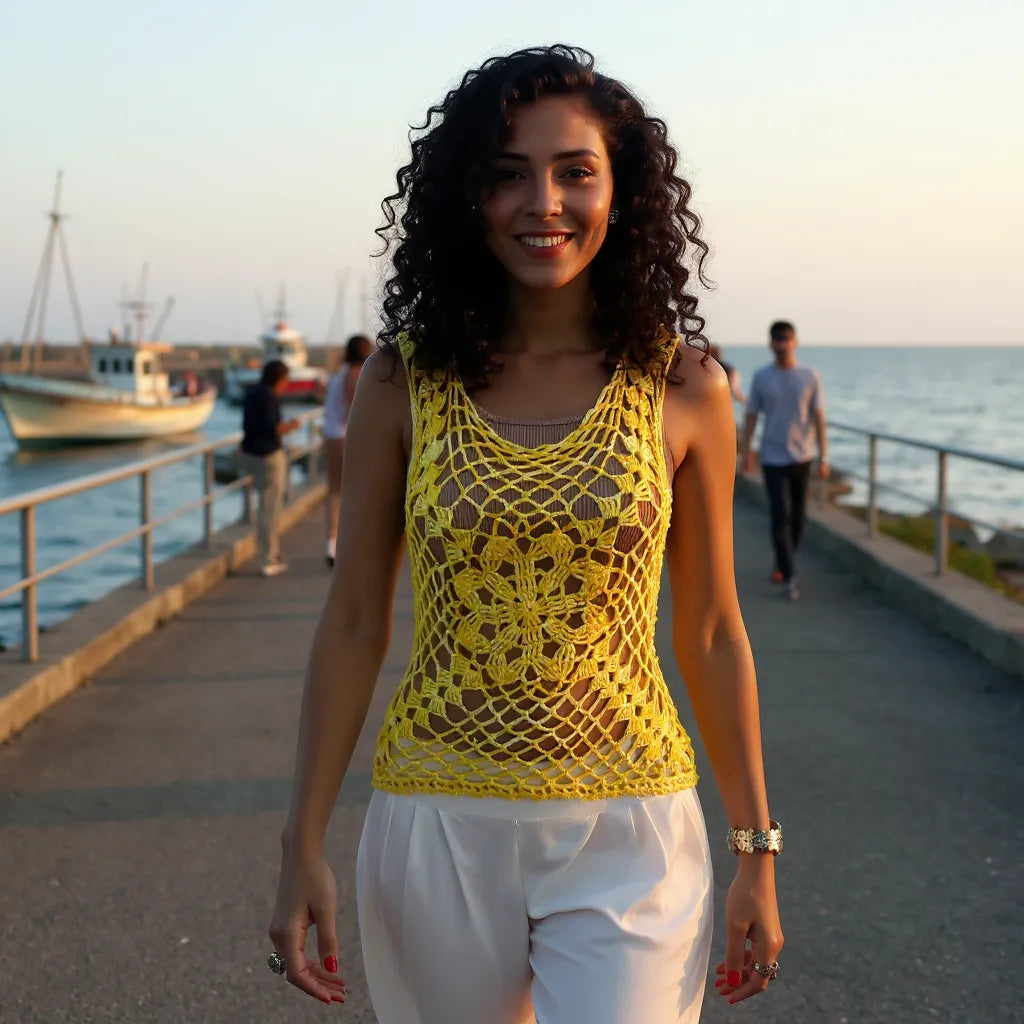 Haut au crochet Narcisola de Cachalabibi - vue de face d'une femme sur une jetée avec les bateaux qui rentrent au port