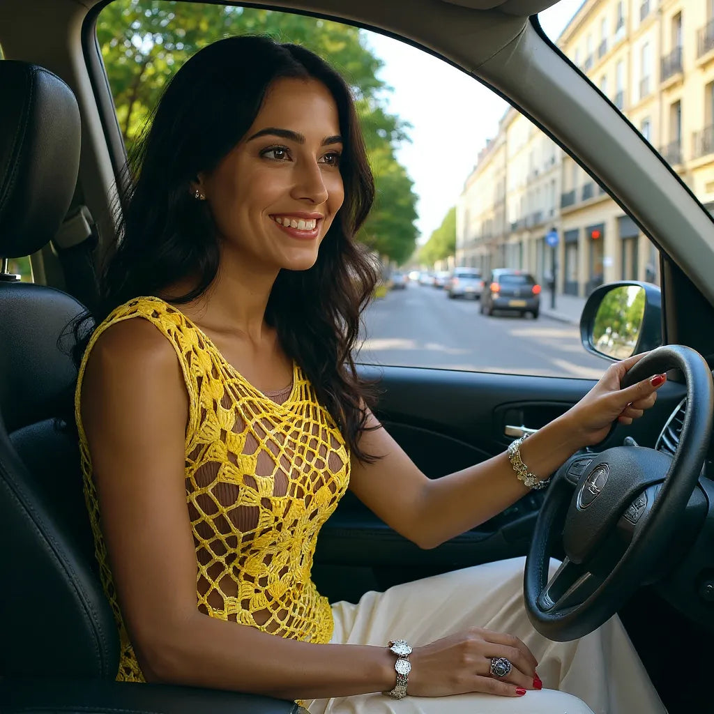 Haut au crochet Narcisola de Cachalabibi - vue de côté d'une femme qui conduit sa voiture