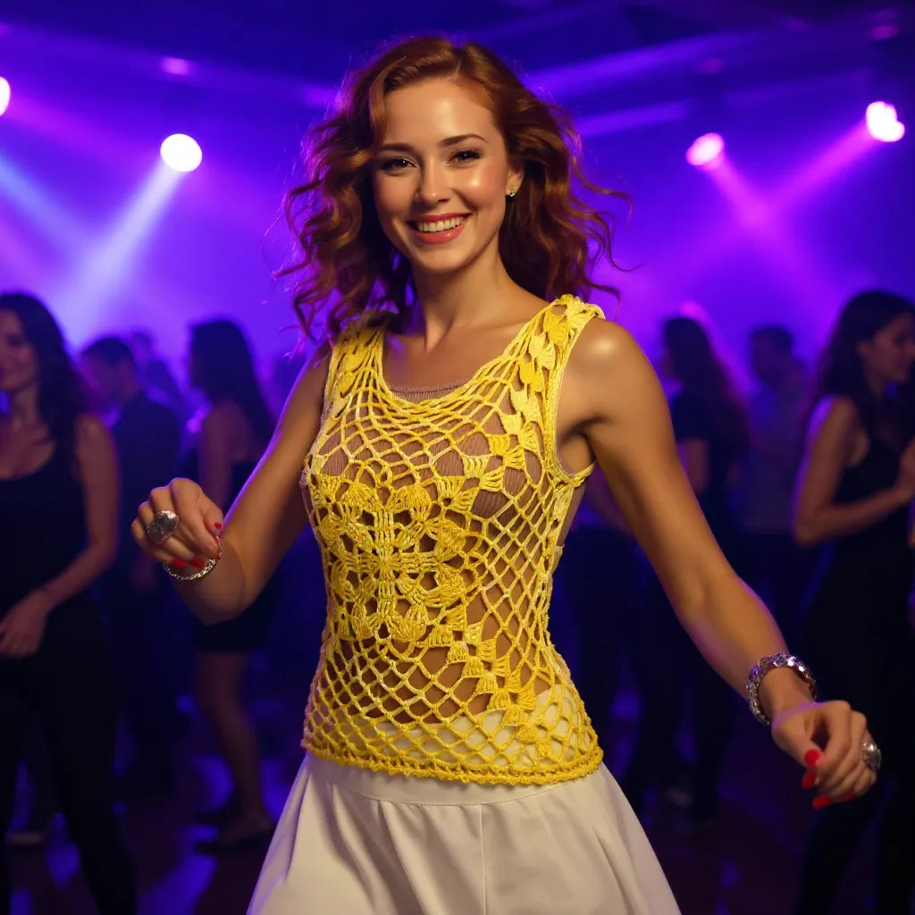Haut au crochet Narcisola de Cachalabibi - vue de face d'une jeune femme qui danse en soirée avec éclairage violet