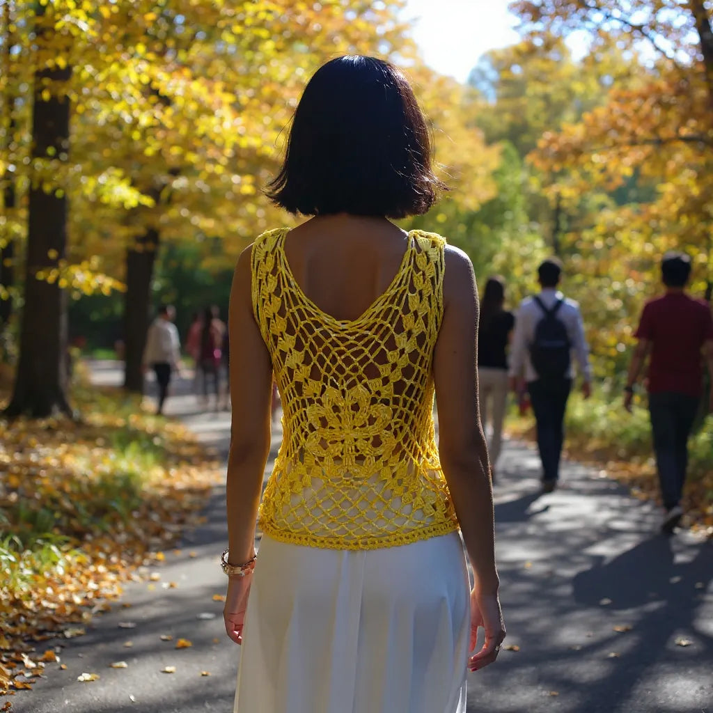 Haut au crochet Narcisola de Cachalabibi - vue de dos d'une jeune femme dans un parc en automne avec feuillage doré