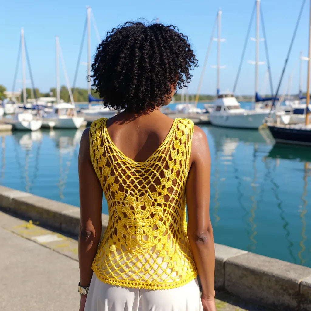 Haut au crochet Narcisola de Cachalabibi - vue de dos d'une jeune femme au bord d'un port de plaisance avec bateaux