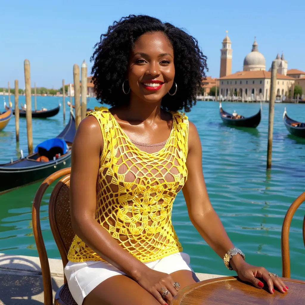 Haut au crochet Narcisola de Cachalabibi - vue d'une jeune femme à la terrasse vénitienne devant les gondoles du Grand canal