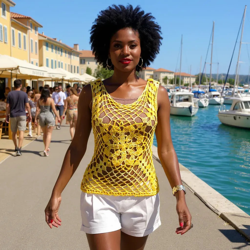 Haut au crochet Narcisola de Cachalabibi - vue de face d'une jeune femme en short blanc sur une promenade dans une marina