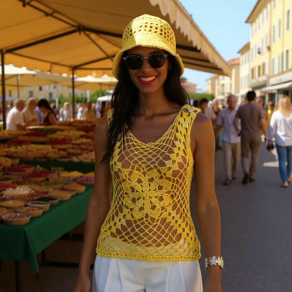 Haut au crochet Narcisola de Cachalabibi - vue de face d'une femme chapeautée dans un marché provençal