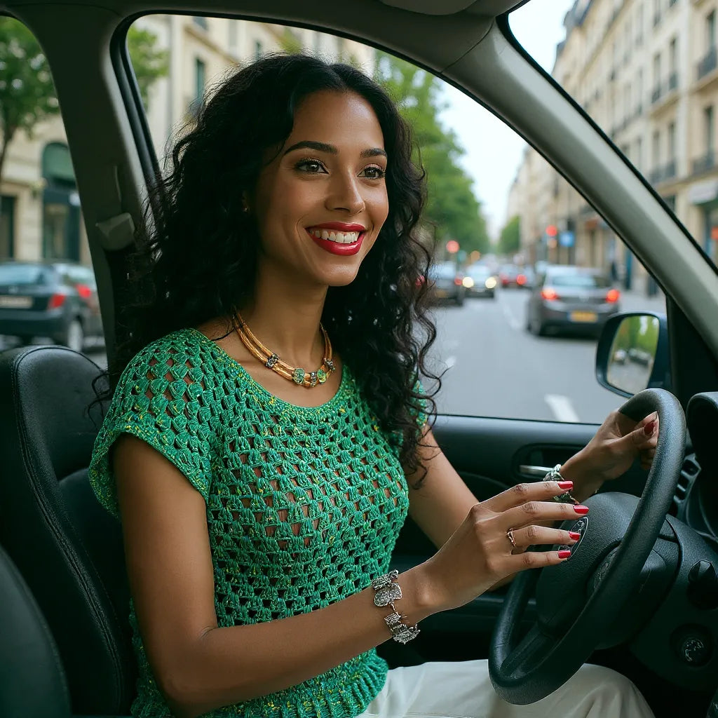 Haut au crochet Papayo de Cachalabibi -  vue de côté en situation portée par une jeune femme au volant d'une voiture