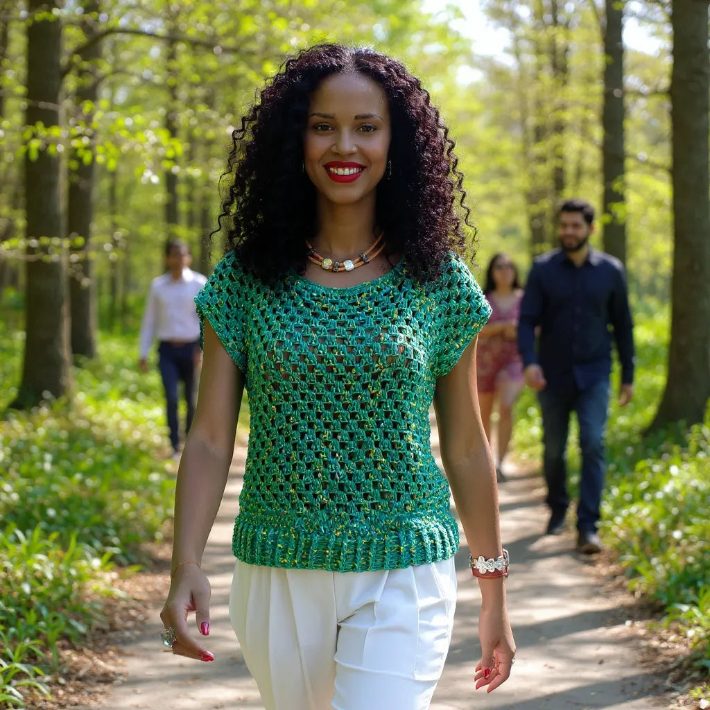 Haut au crochet Papayo de Cachalabibi -porté sur un chemin forestier fréquenté par une jeune femme qui sourit