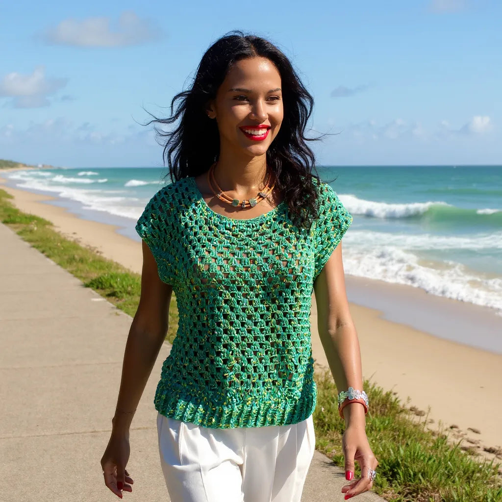 Haut au crochet Papayo de Cachalabibi - porté par une jeune femme brune sur un chemin qui longe la plage