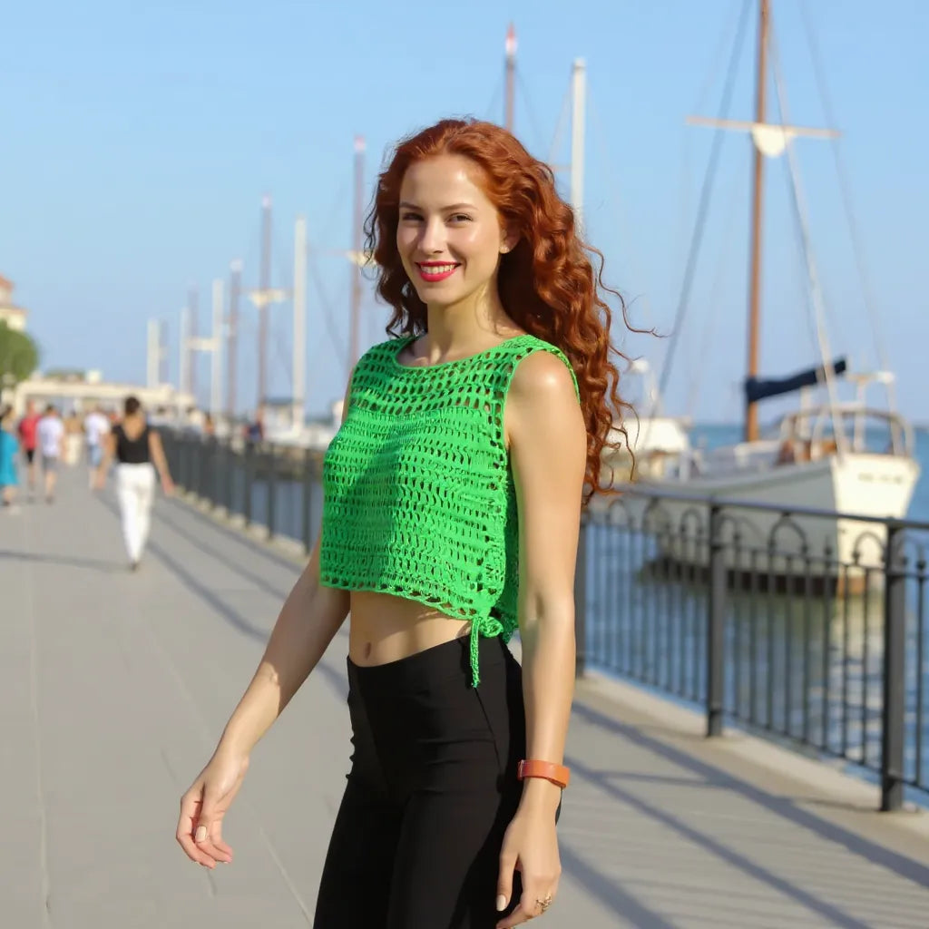 Haut au crochet Perico de Cachalabibi - Vue de côté d'une jeune femme en pantalon noir devant quelques bateaux