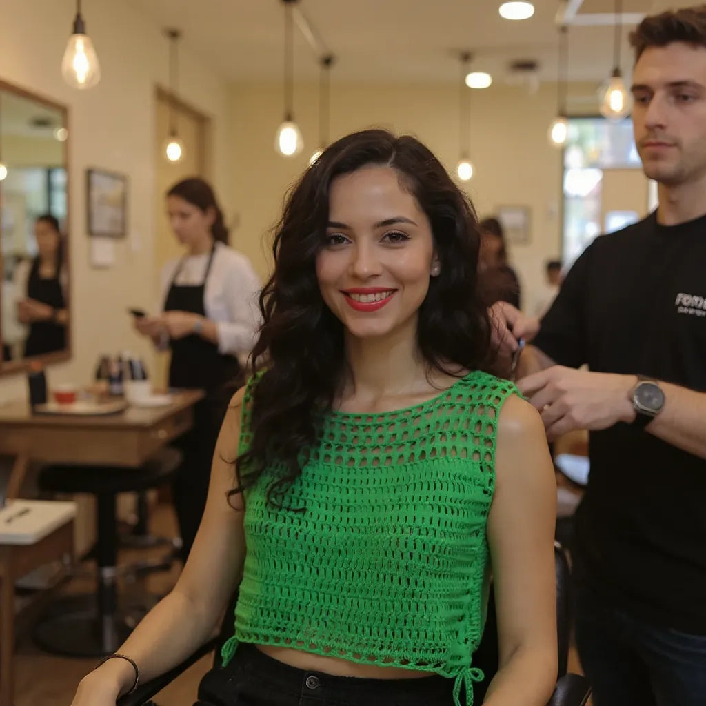 Haut au crochet Perico de Cachalabibi - vue de face d'une jeune femme chez le coiffeur en salon