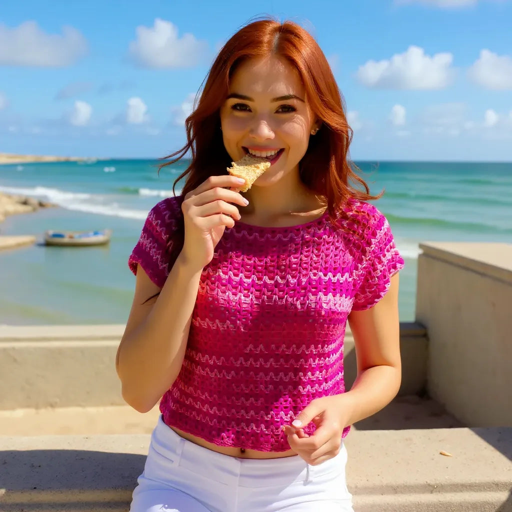 Haut au crochet Pitaya de Cachalabibi - vue de face d'une jeune femme qui mange un morceau de gâteau