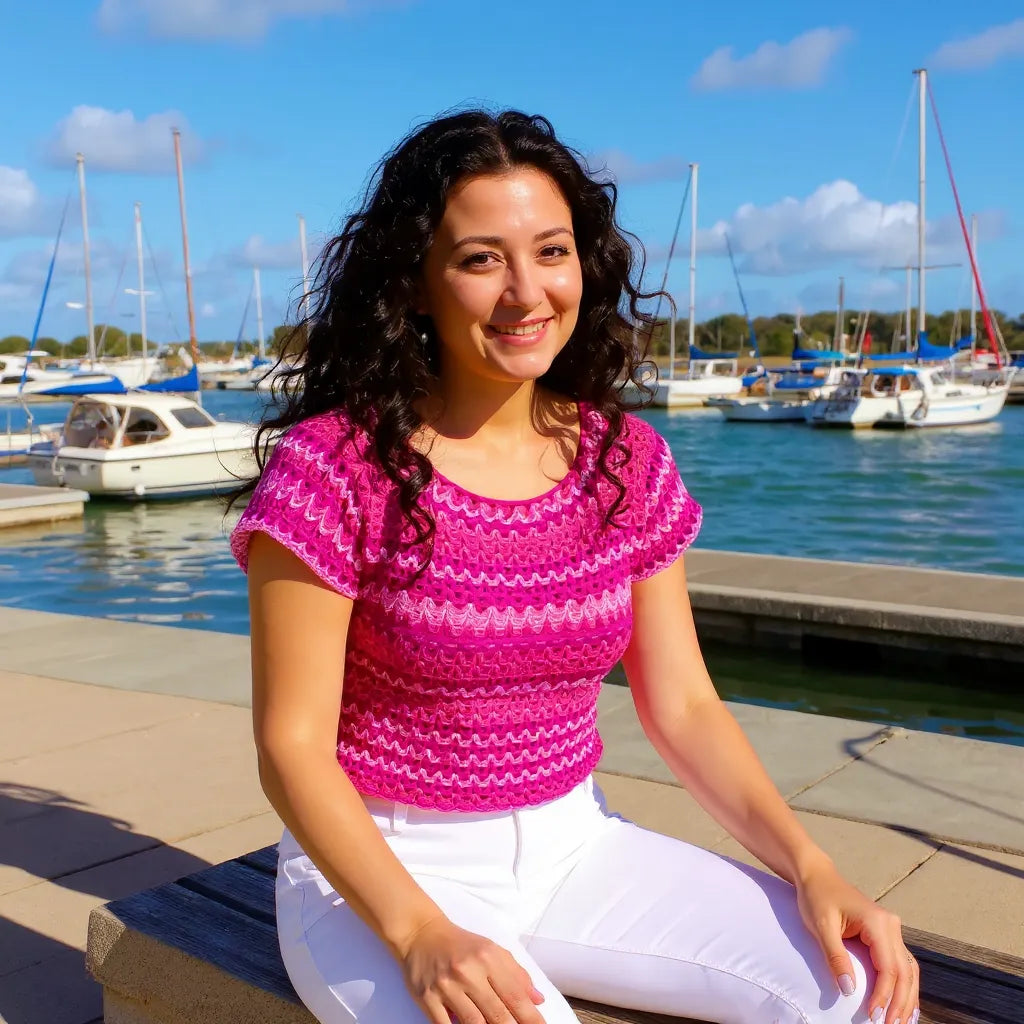 Haut au crochet Pitaya de Cachalabibi - vue de face d'une femme de 30 ans assise sur banc de marina