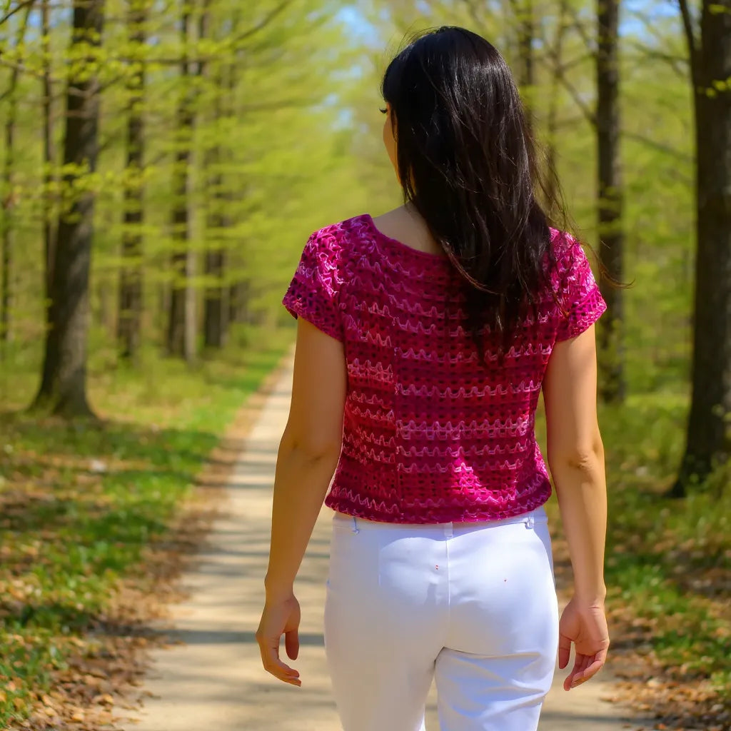 Haut au crochet Pitaya de Cachalabibi - vue de dos d'une femme brune qui se promène en forêt