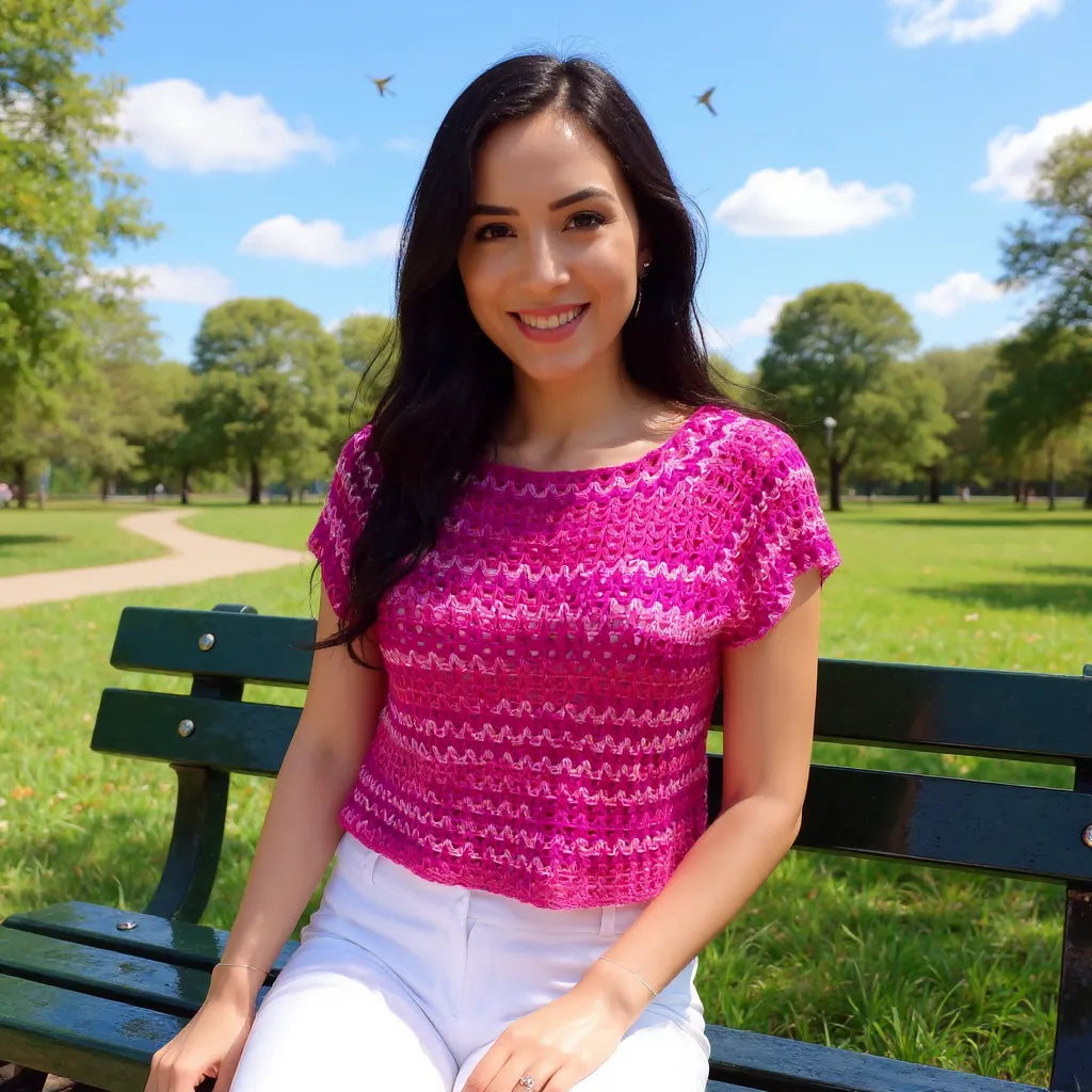 Haut au crochet Pitaya de Cachalabibi - vue de face d'une jeune femme assise sur un banc dans un jardin public