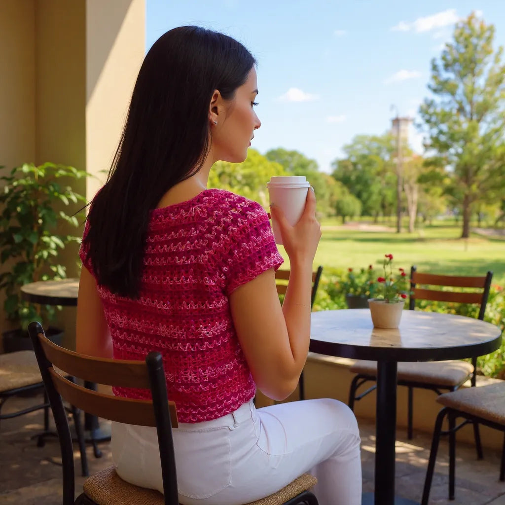 Haut au crochet Pitaya de Cachalabibi - vue de dos d'une femme brune qui boit un café sur une terrasse