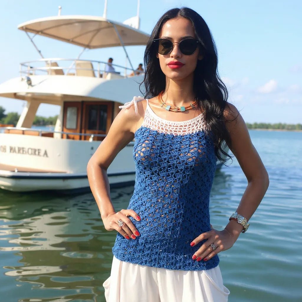 Haut au crochet Sotavento de Cachalabibi - vue de face d'une femme qui pose devant un yacht de luxe