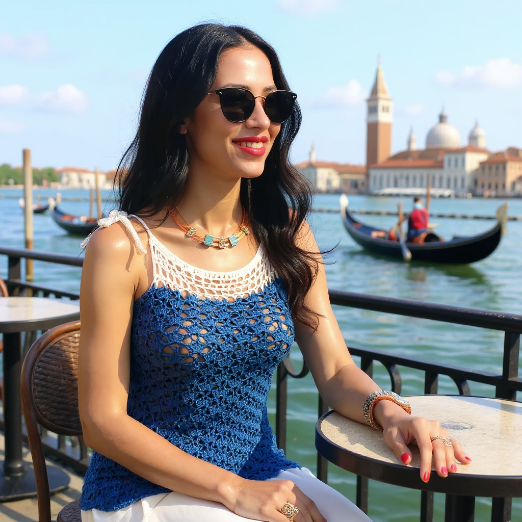 Haut au crochet Sotavento de Cachalabibi - vue de face d'une jeune femme à la terrasse d'un café à Venise avec gondoles