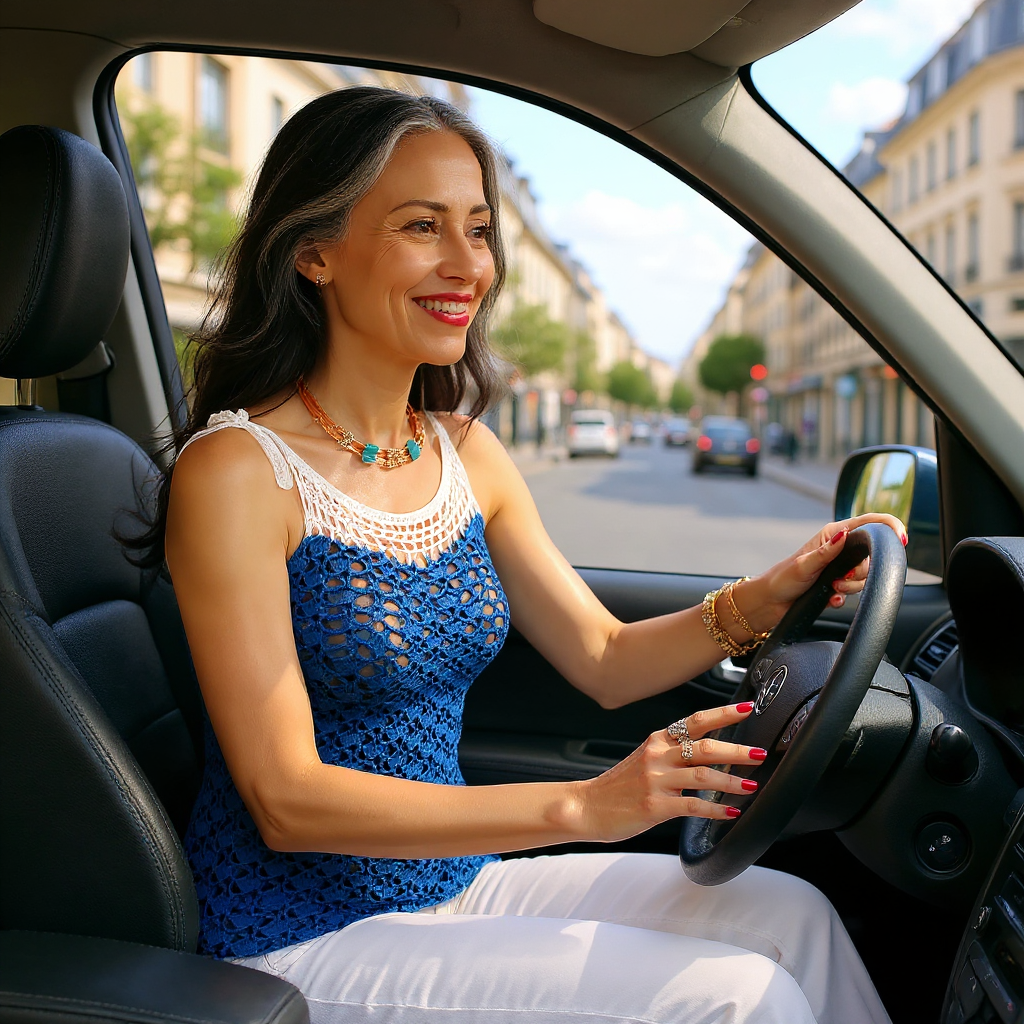 Haut au crochet Sotavento de Cachalabibi - vue de côté d'une femme au volant de sa voiture